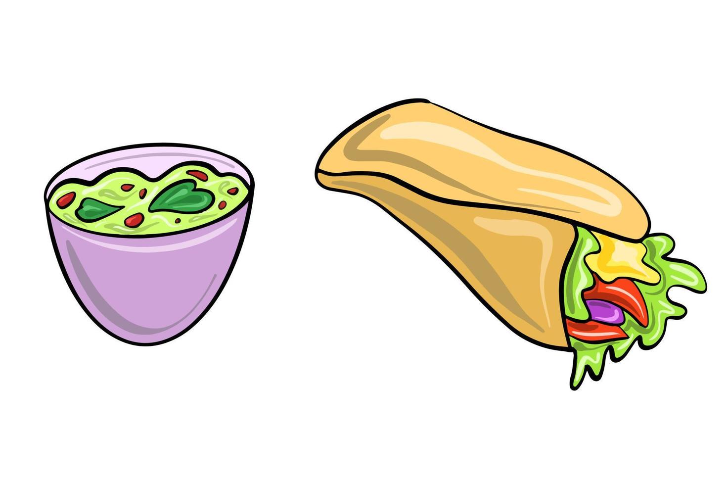 Vector set of Mexican dishes in a cartoon flat style. Latin American culture. Burritos and guacomole.