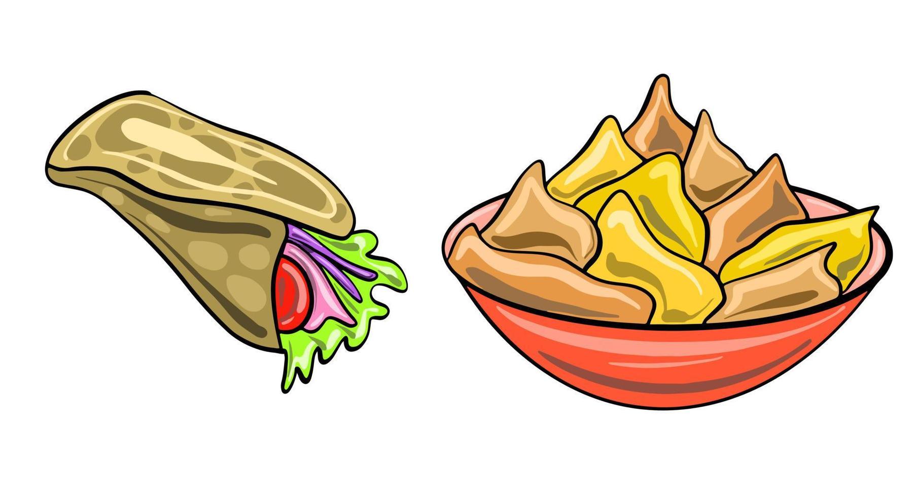 Vector set of Mexican dishes in a cartoon flat style. Latin American culture. Nachos and burritos.