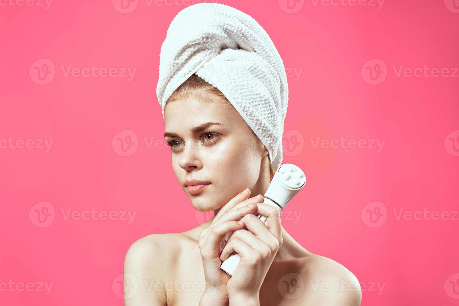 cheerful woman naked shoulders skin cleaning spa treatments model photo