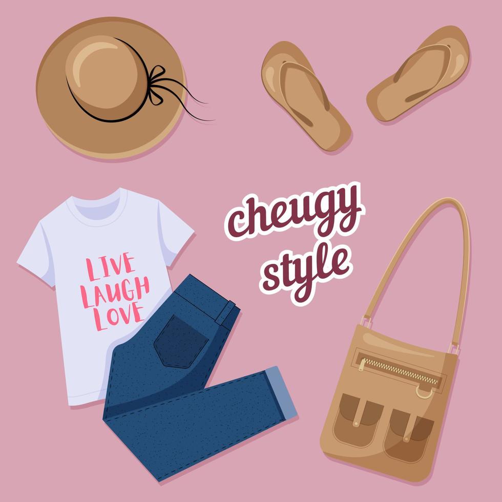 Cheugy style. T-shirt with slogans about cheuglife, skinny jeans, flip flops, bag with pockets and brimmed hat are typical things that are outdated for a new generetion Z. Vector illustration.