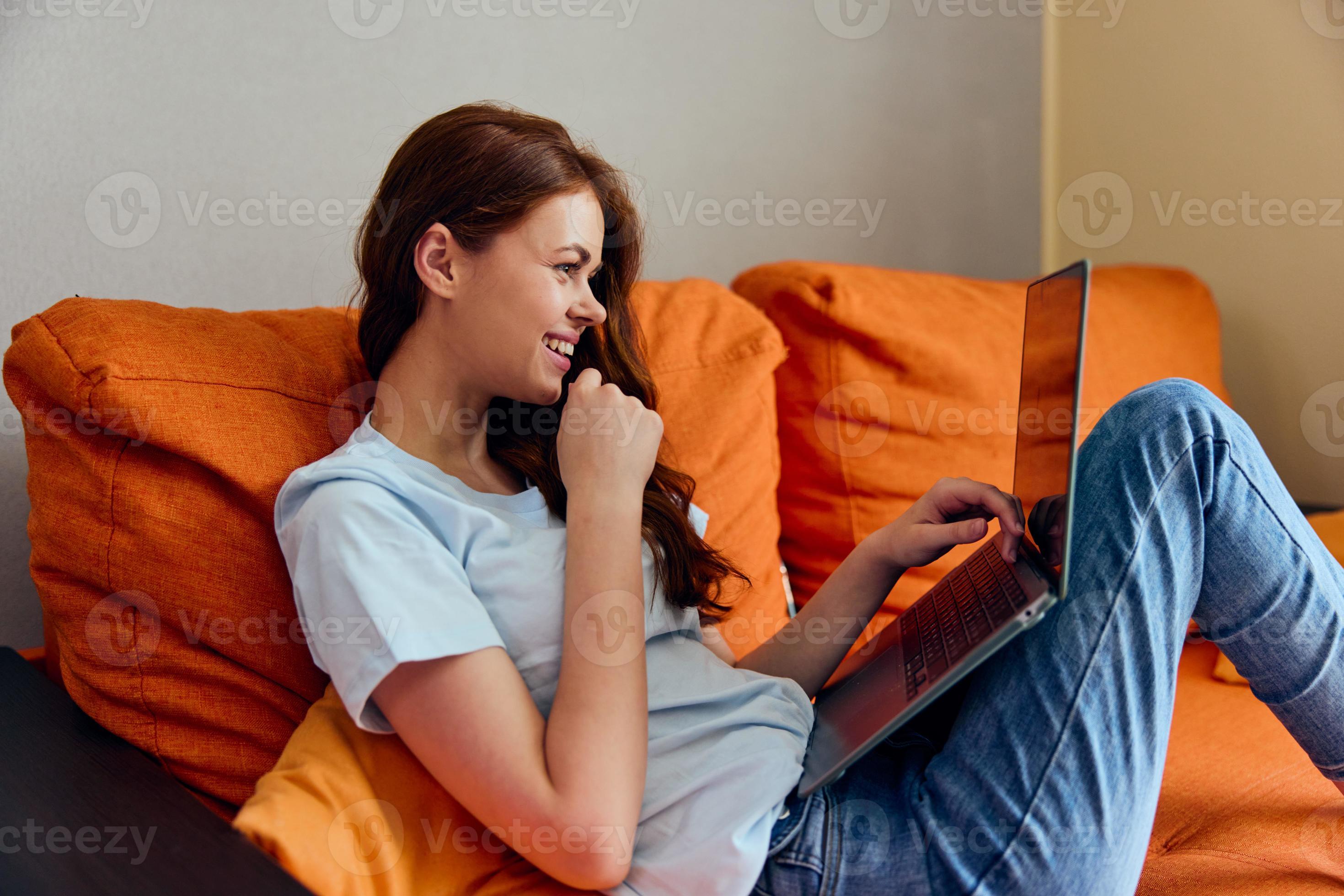 woman laptop on my lap at home on the sofa entertainment Lifestyle