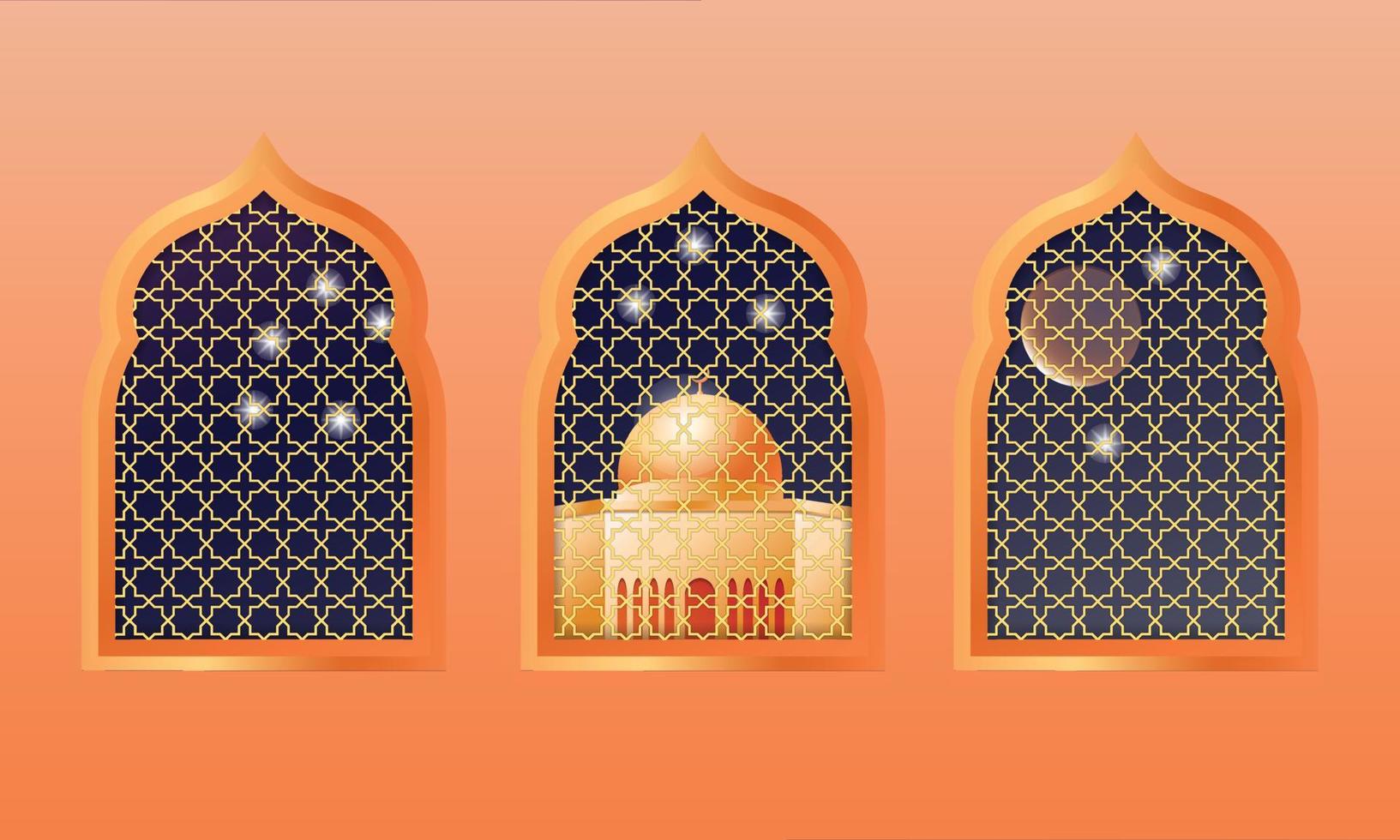 3d ventanas, mezquita, luna, estrellas, para ramadán, eid Alabama fitr, eid Alabama adha. vector