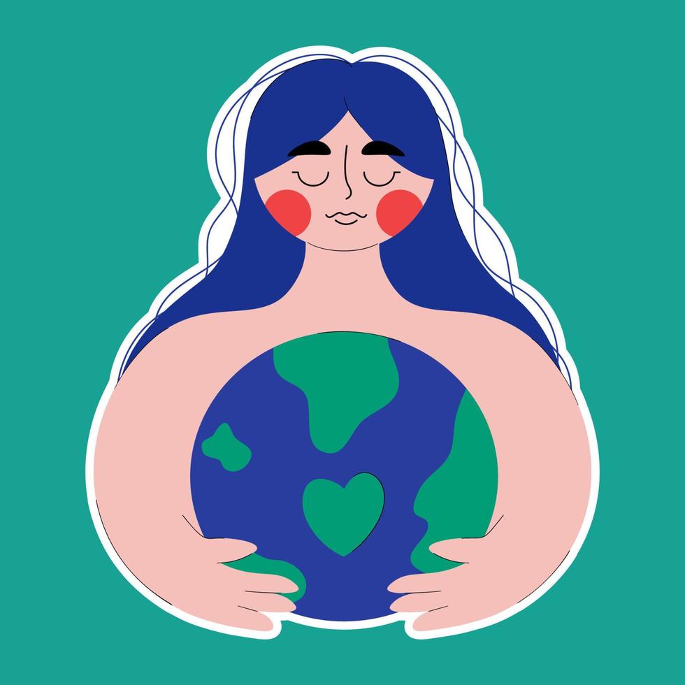 linda mujer abraza planeta tierra con cuidado y amor. pegatina. madre naturaleza. el concepto de tierra día. salvar nuestra planeta. Vamos verde. de moda plano estilo con línea. vector