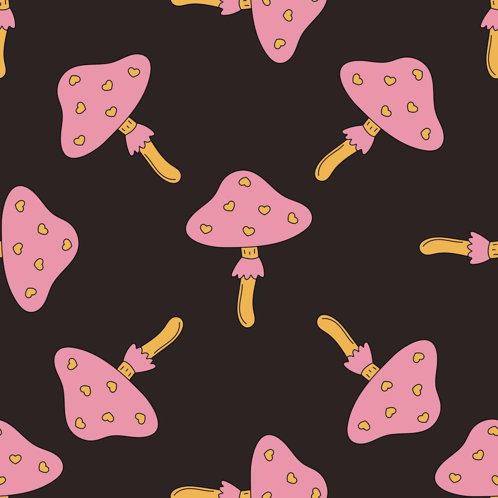 Cute pink mushrooms. Seamless pattern. Fly agaric with hearts. Retro cartoon style. Hippie design. Dark background. vector