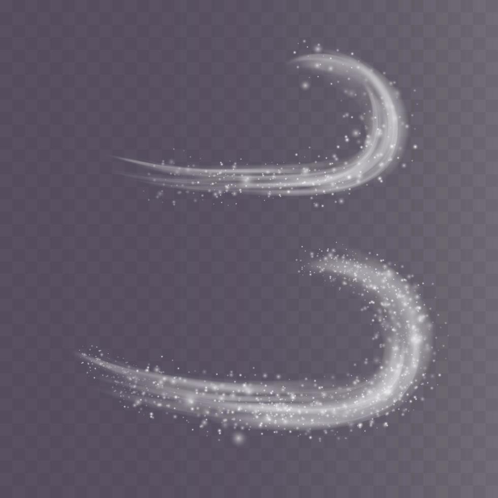 Cold wind with snow blow, winter weather icons with white smoke and flying snowflakes, freezing breath vector