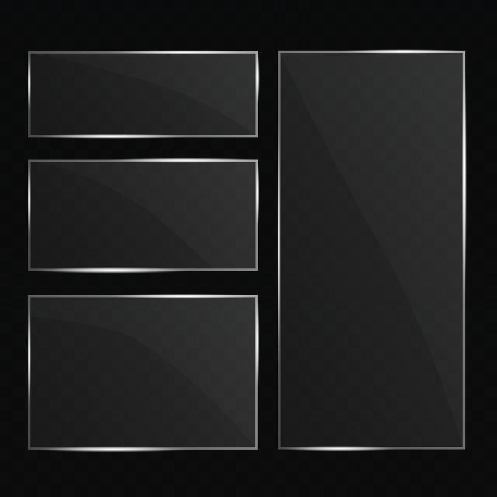 Glass plate set on transparent backdrop. Isolated glass and shadow collection. Realistic clear sheet. Window template with flare. Acrylic screen template. vector