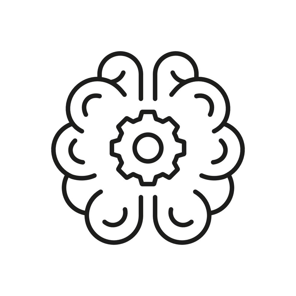 Human Brain with Gear Black Line Icon, Engineering Concept. Smart Innovation Linear Pictogram. Technical Solution Symbol on White Background. Editable Stroke. Isolated Vector Illustration.