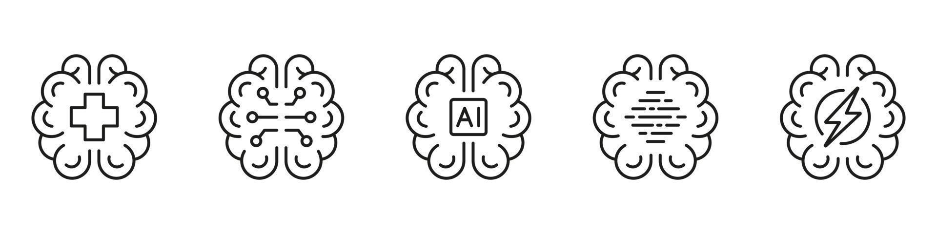 neurología ciencia, digital tecnología lineal pictograma colocar. humano cerebro ai concepto negro línea iconos artificial inteligencia símbolo en blanco antecedentes. editable ataque. aislado vector ilustración.