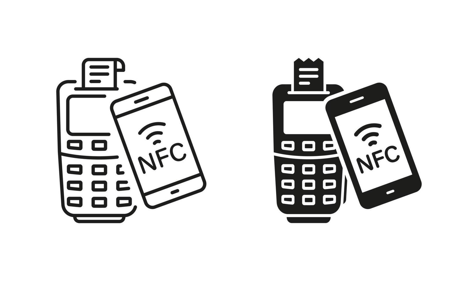 Payment By Smartphone on POS Line and Silhouette Icon Set. Contactless NFC Technology Pictogram. Cashless Transaction by Mobile Phone Symbol Collection. Isolated Vector Illustration.