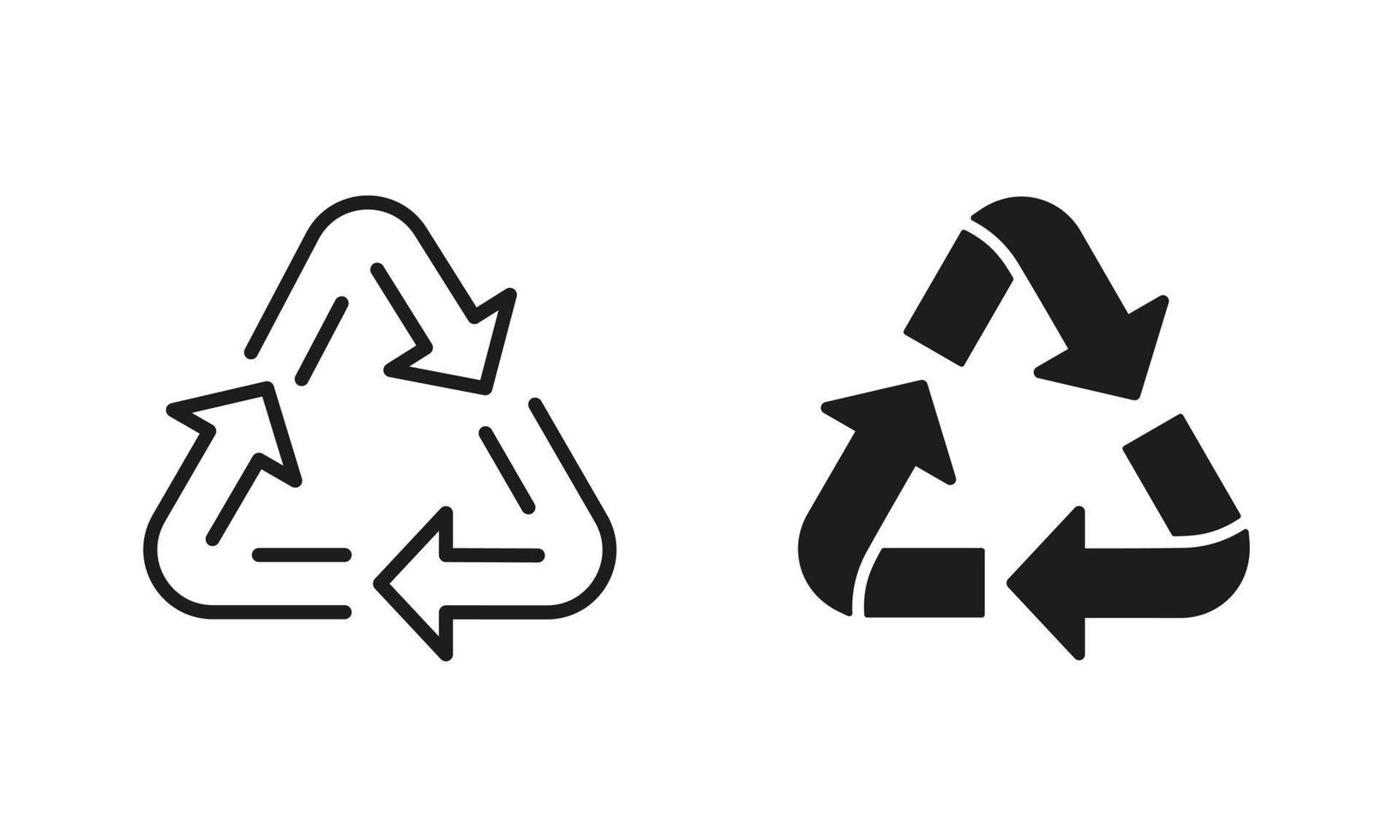 Ecology Reuse Triangle Arrow Line and Silhouette Icon Set. Organic Recycle Pictogram. Bio Recycling Natural Symbol Collection on White Background. Organic Waste. Isolated Vector Illustration.