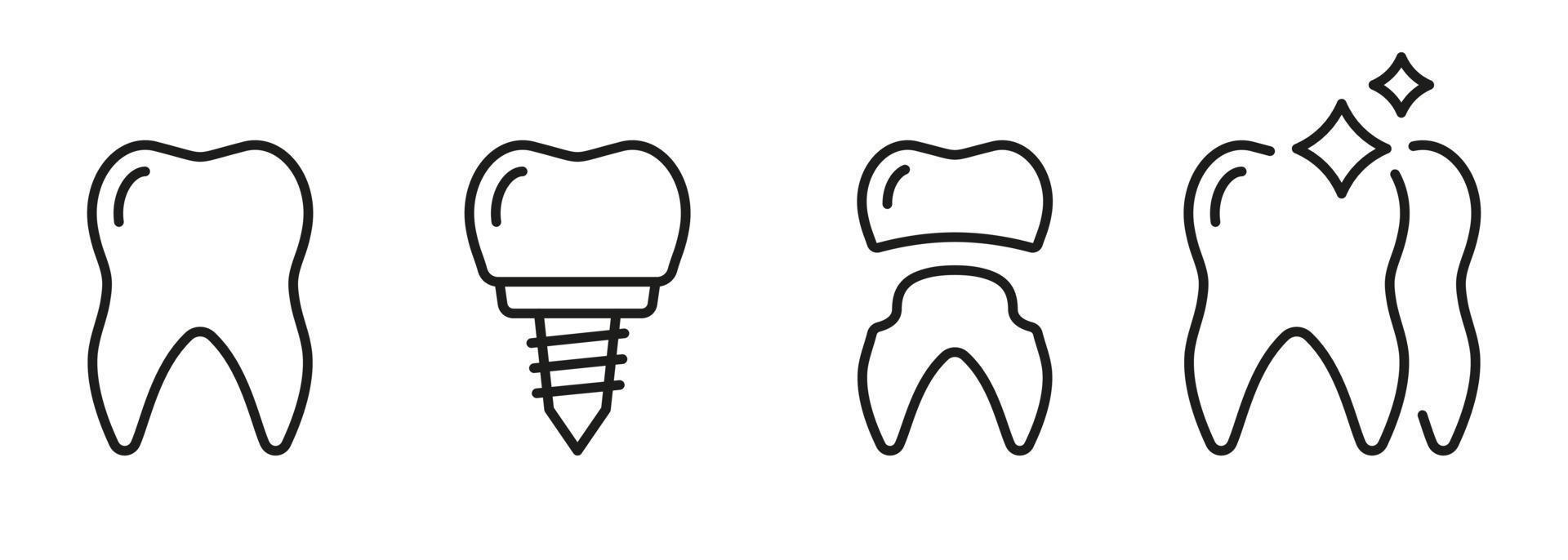 Dental Implantation Treatment. Tooth Care, Veneer Restoration Pictogram. Dental Implant Line Icon Set. Denture Technology. Dentistry Outline Symbol. Editable Stroke. Isolated Vector Illustration.