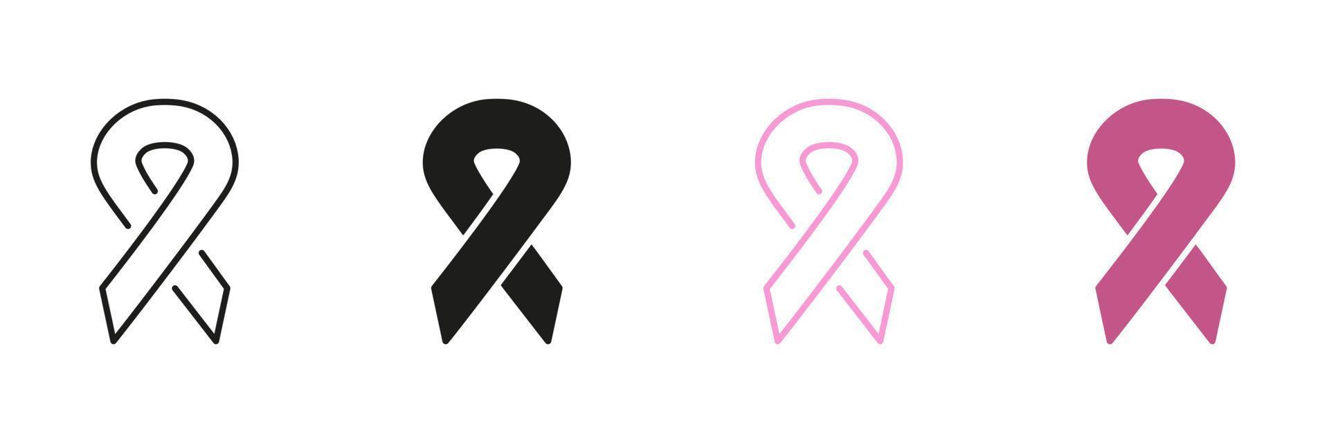 Support People with Breast Cancer. Awareness Day Black and Pink Symbol Collection. Cancer Ribbon Loop Line and Silhouette Icon Set. Hope, Tolerance Campaign Pictogram. Isolated Vector Illustration.