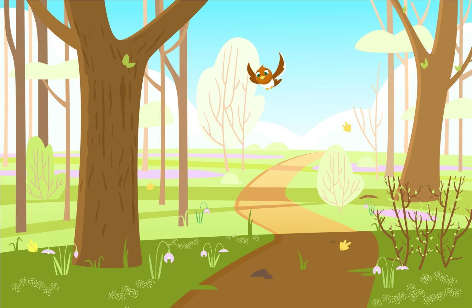 temprano primavera paisaje con árboles, flores, pájaro volador. primavera bosque escenario. dibujos animados vector ilustración.