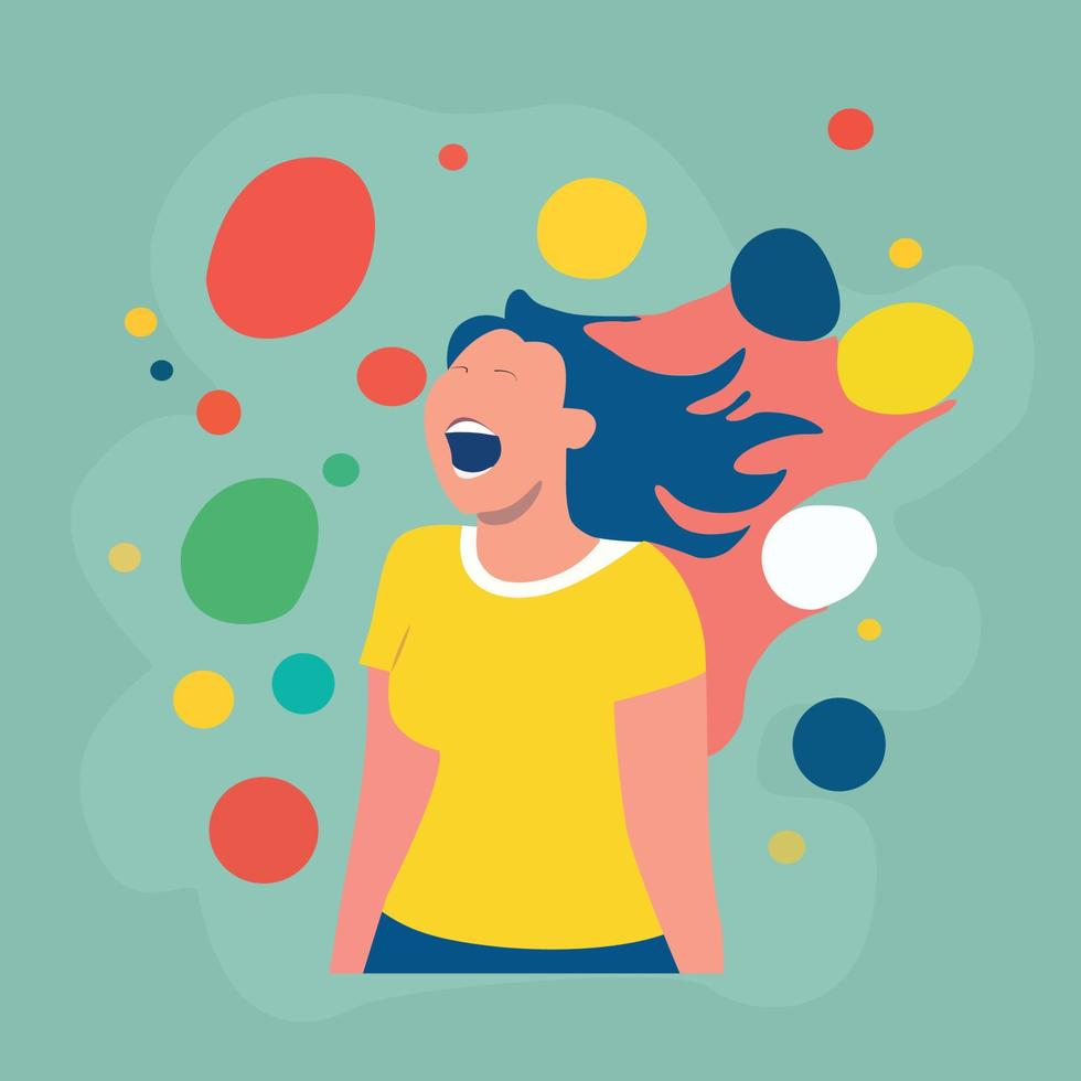 A woman with a yellow shirt with the word world laughter day vector