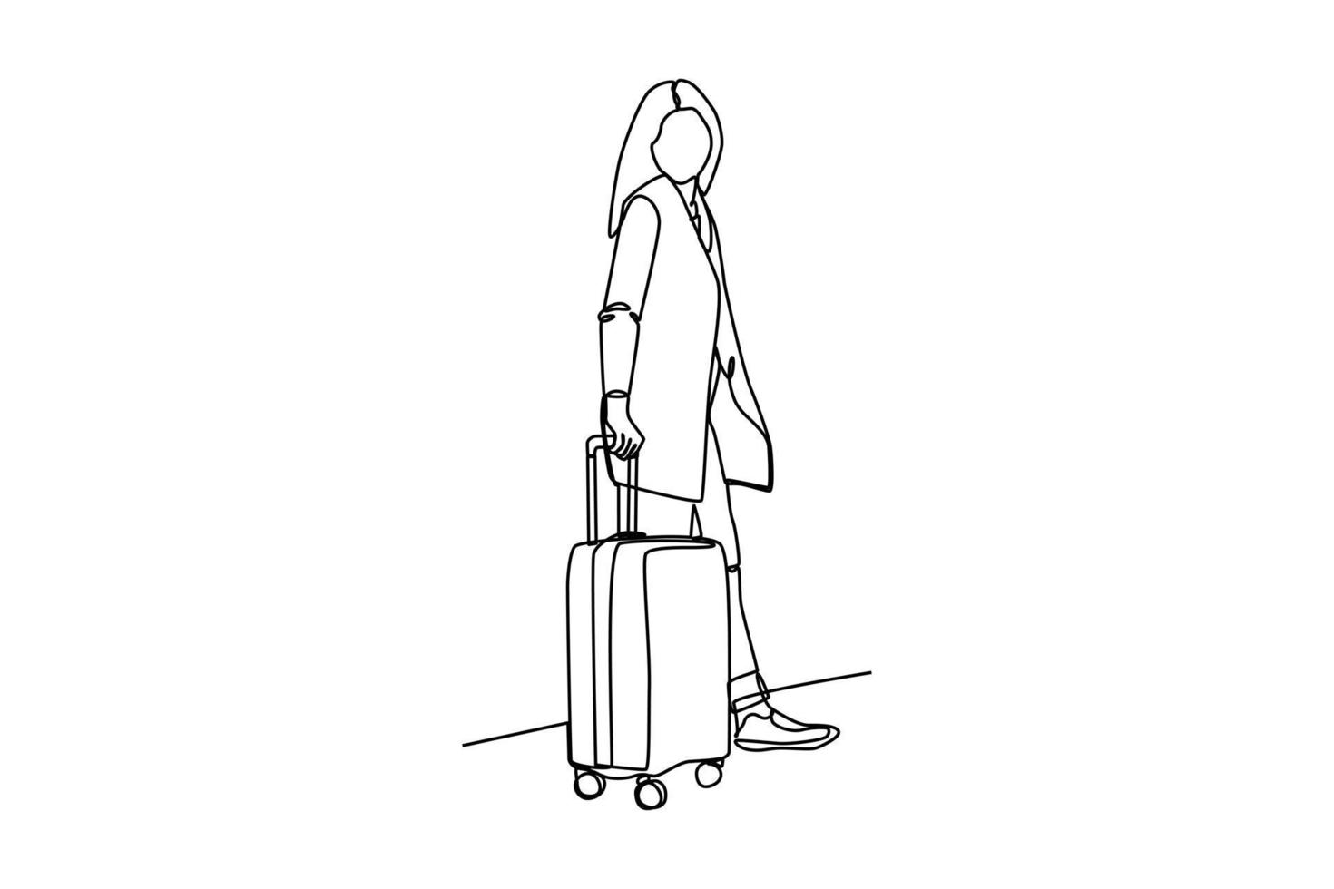 Continuous one-line drawing a woman carrying suitcase to the plane. Airport activity concept. Single line drawing design graphic vector illustration