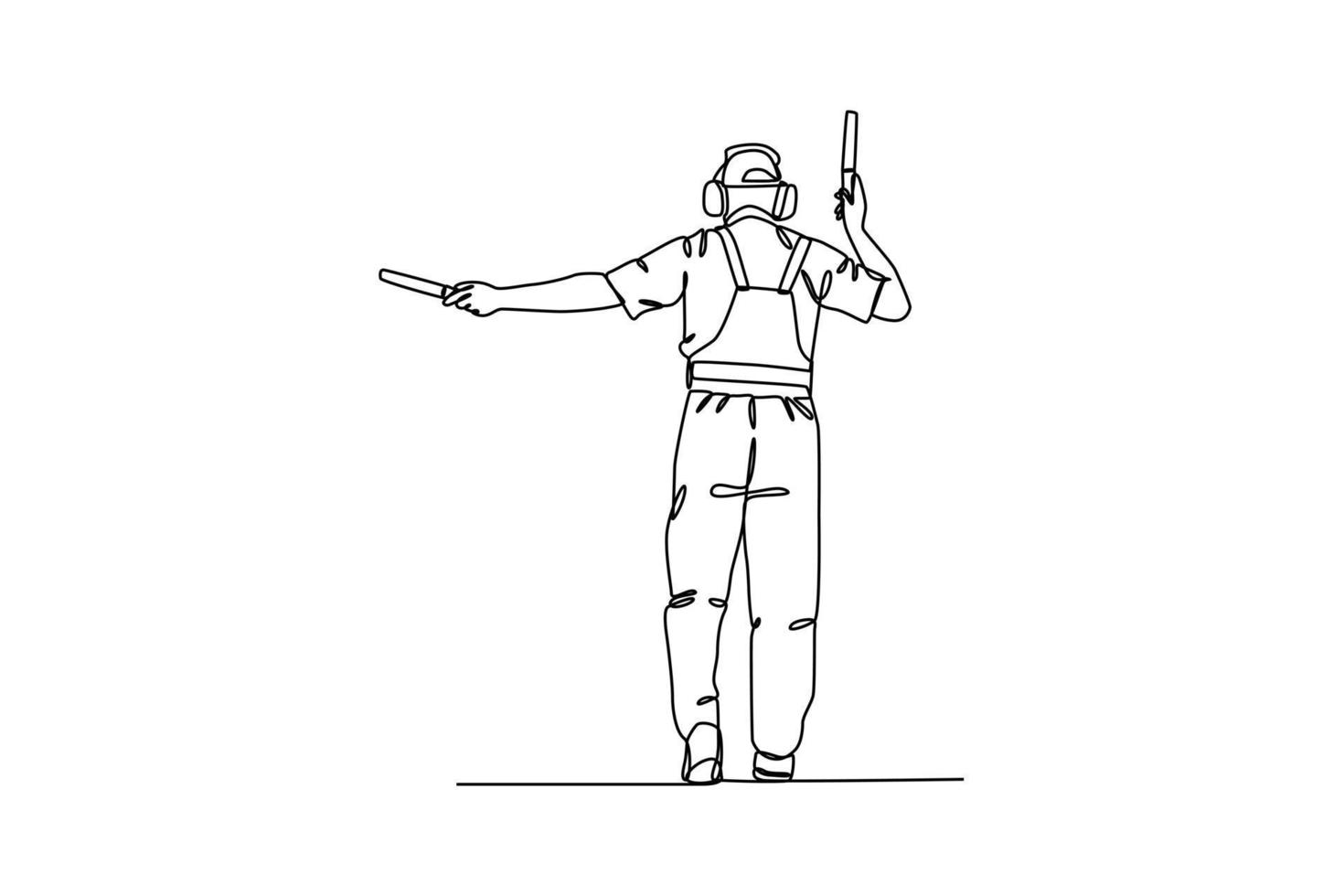 Continuous one-line drawing an aircraft marshaler at the airport. Airport activity concept. Single line drawing design graphic vector illustration