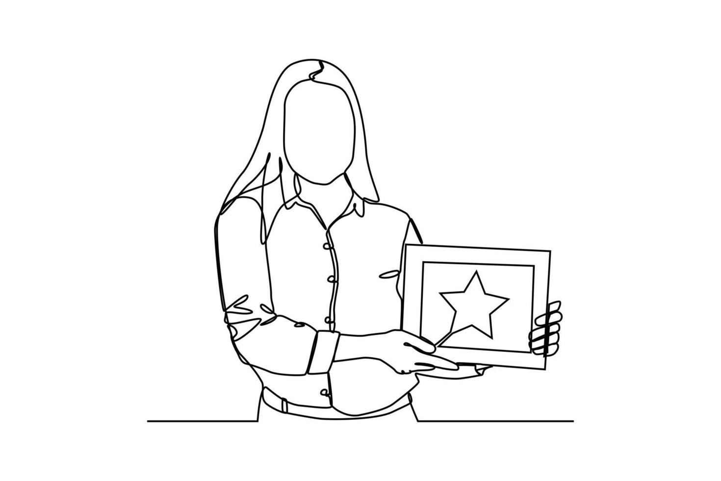 Single one-line drawing a female employee is given certificates of appreciation. Employee appreciation day concept. Continuous line drawing design graphic vector illustration.