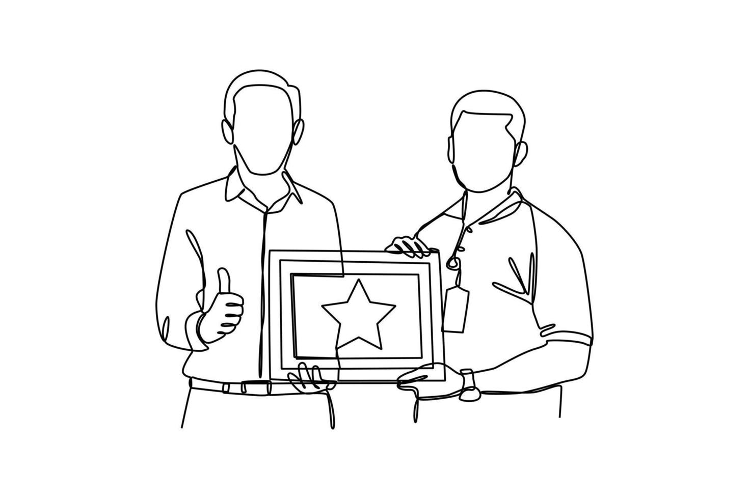 Single one-line drawing the boss gives a charter to the employee. Employee appreciation day concept. Continuous line drawing design graphic vector illustration.