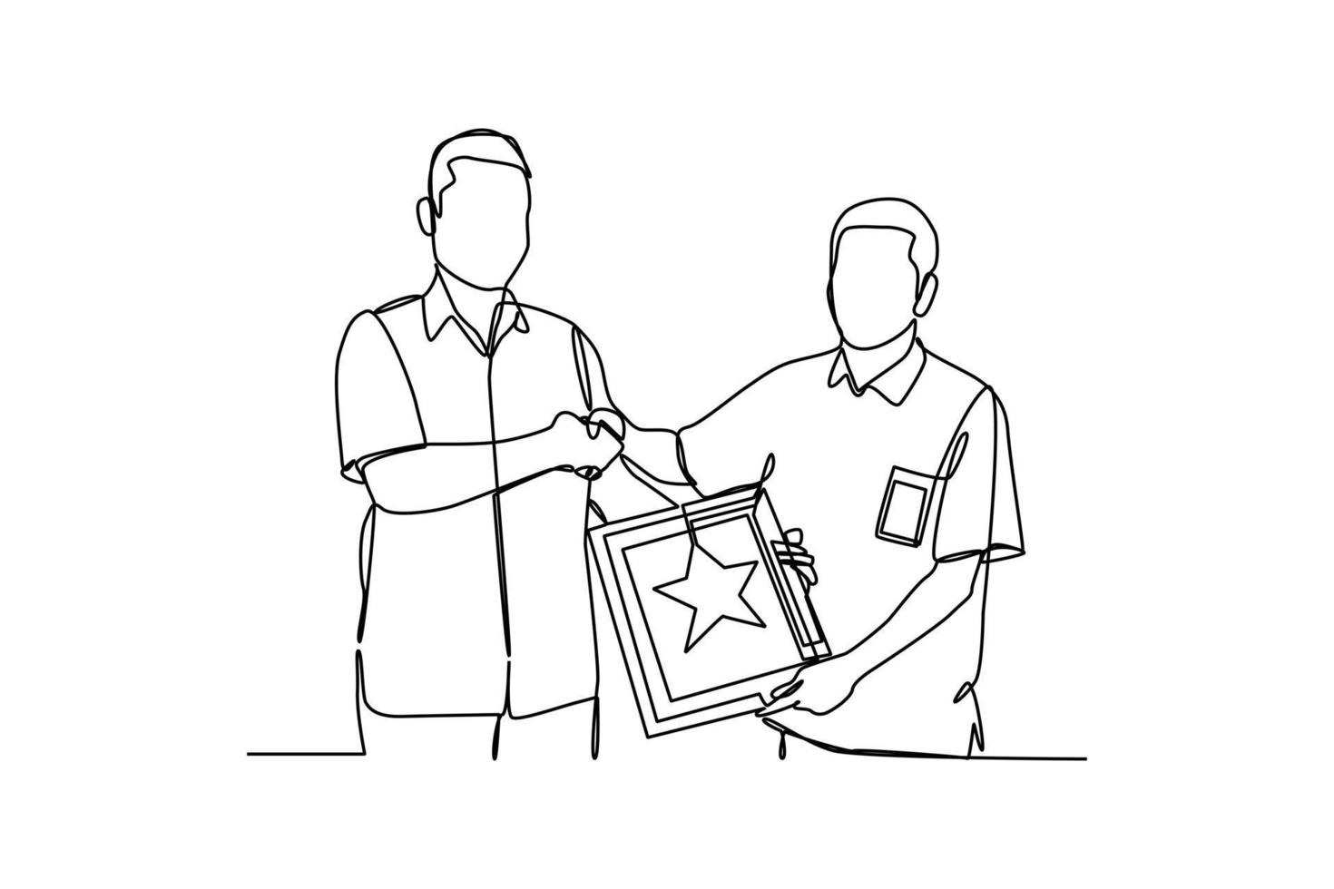 Single one-line drawing a boss given award certificate to the best employee. Employee appreciation day concept. Continuous line drawing design graphic vector illustration.