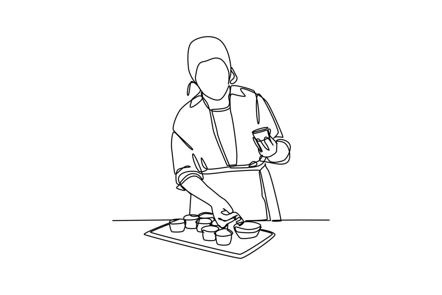 Continuous one-line drawing a chef decorating cupcakes. Kitchen activity concept. Single line drawing design graphic vector illustration