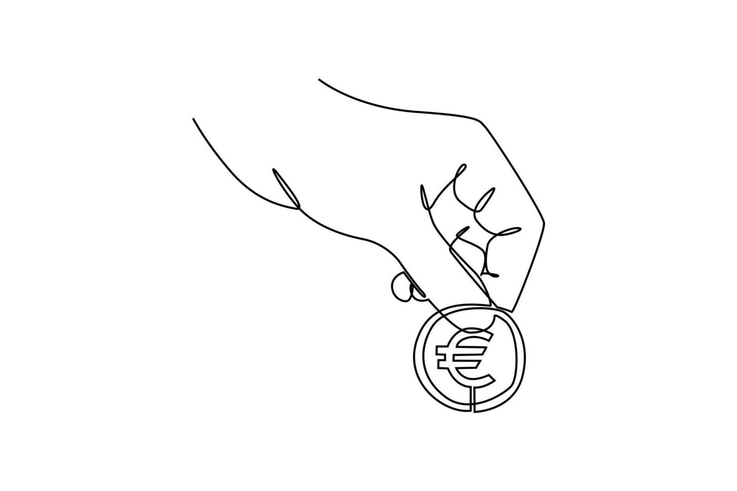 Continuous one-line drawing a hand-holding A euro coin. Country currency concept. Single line drawing design graphic vector illustration