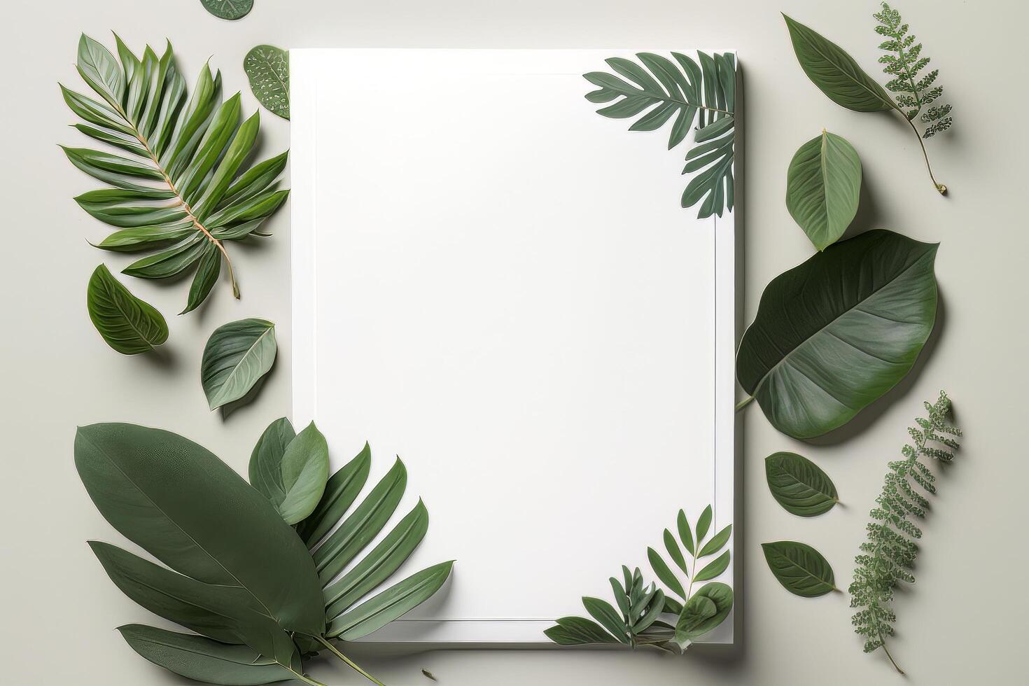 Blank paper sheet copy space with mockup and leaf. Illustration photo