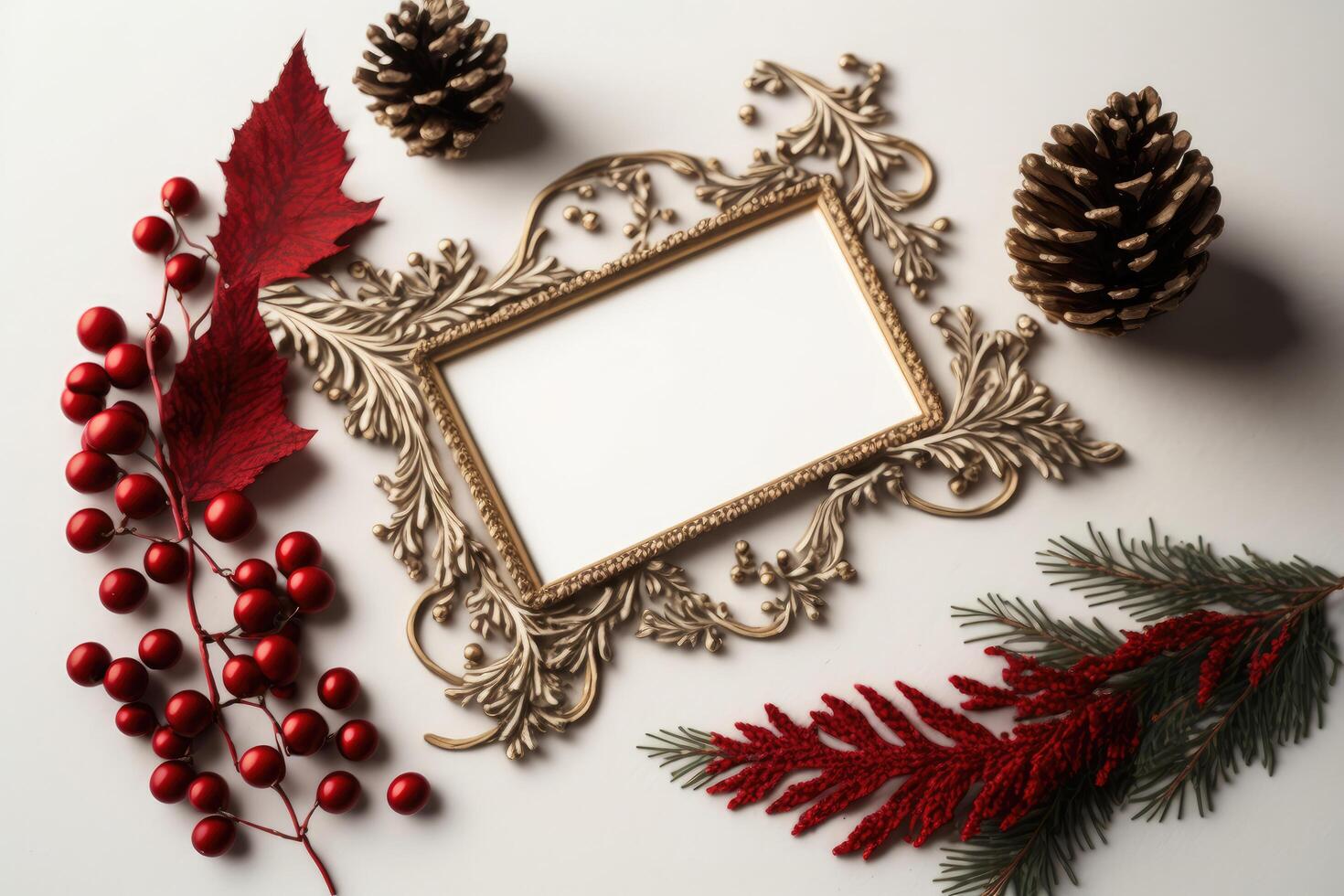 Navidad composición. Navidad oro decoraciones en un blanco. ilustración ai generativo foto