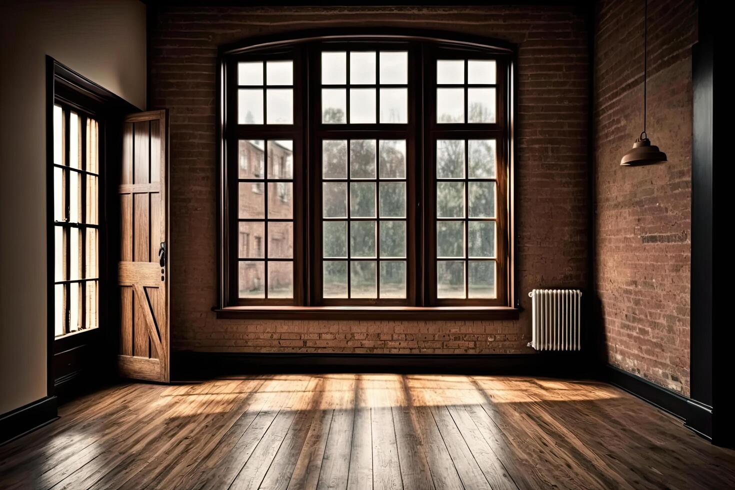 An empty room with a large loft-style window. Illustration photo