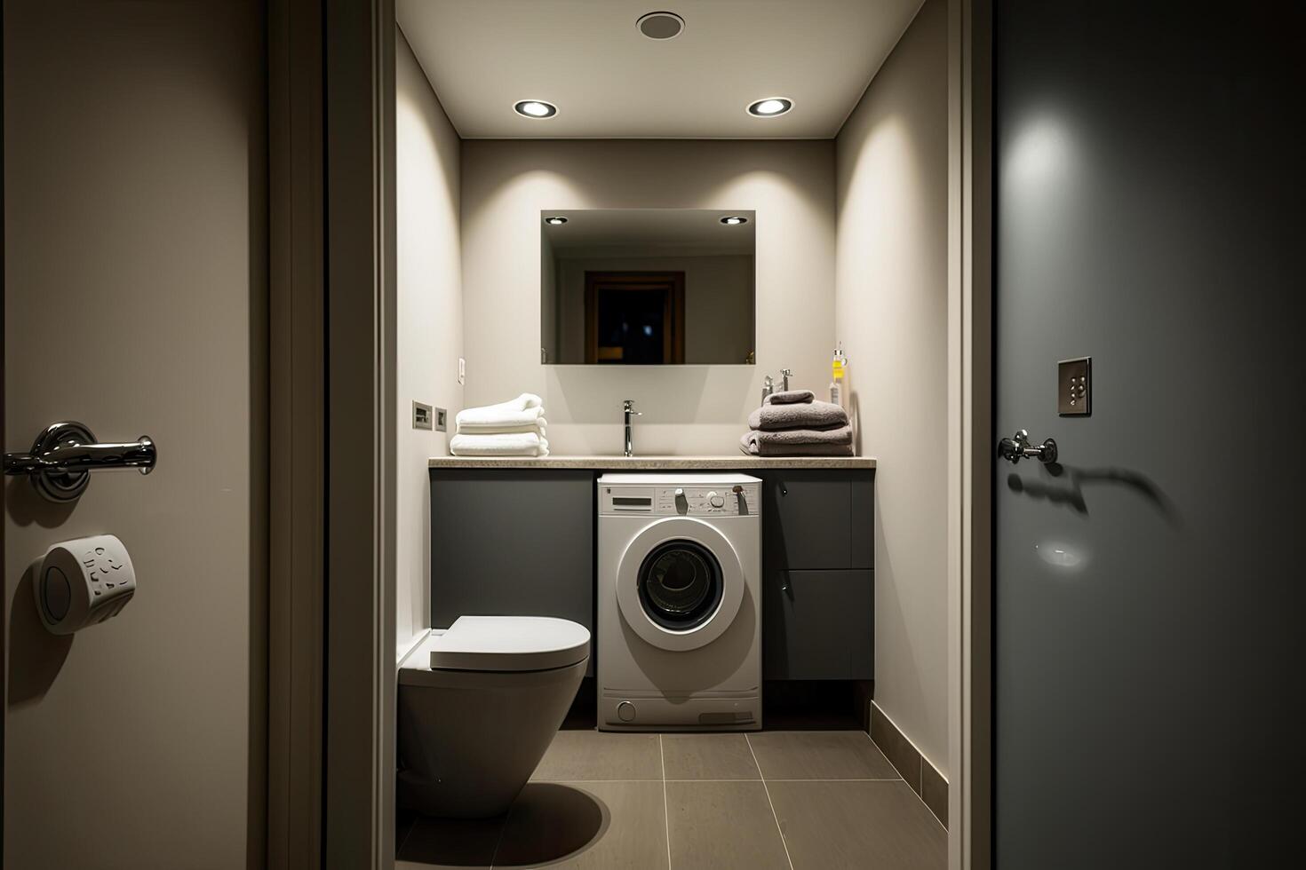 Interior of bathroom with modern washing machine. Illustration photo