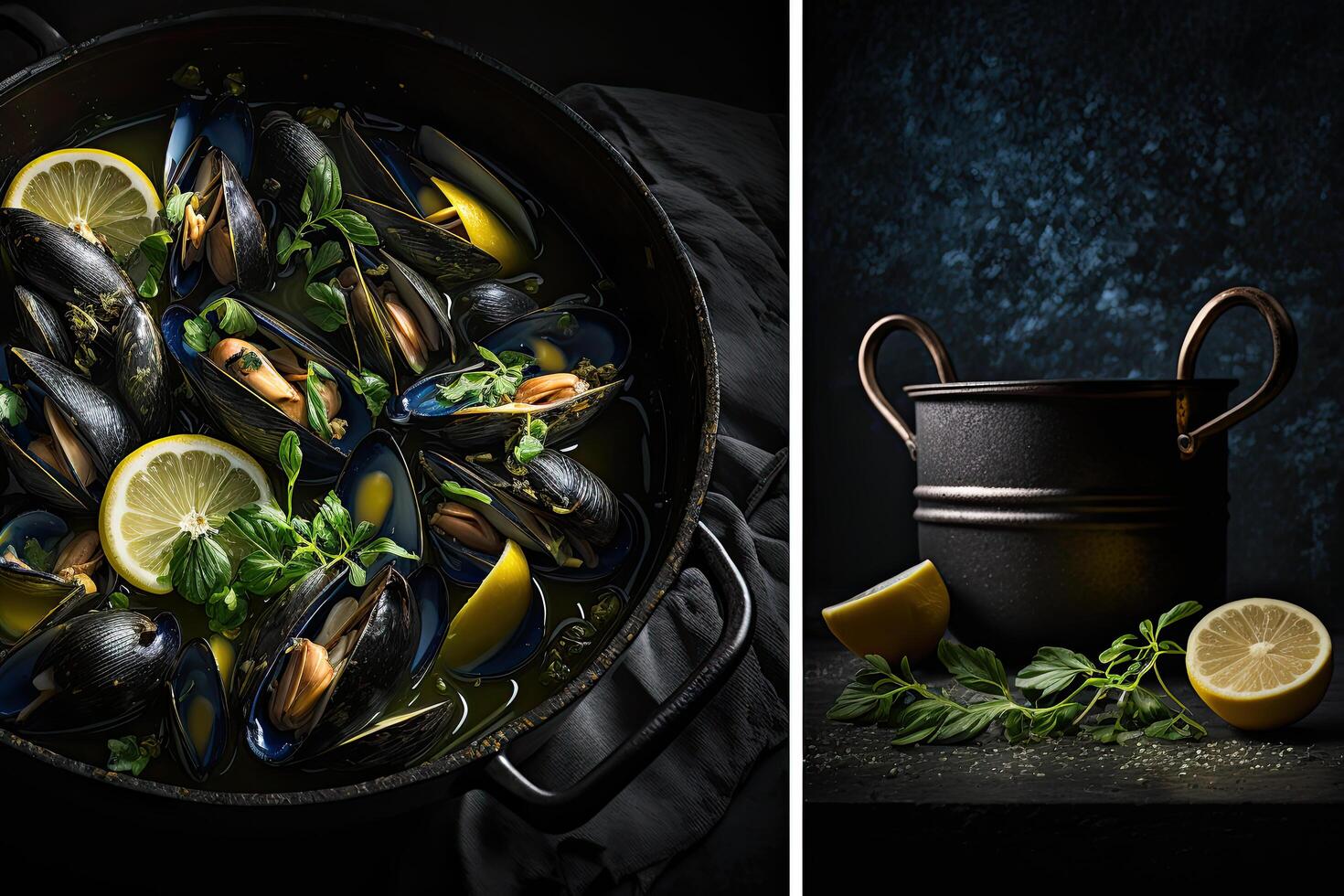 mussels in white wine and lemon juice in a blue castiron. Illustration