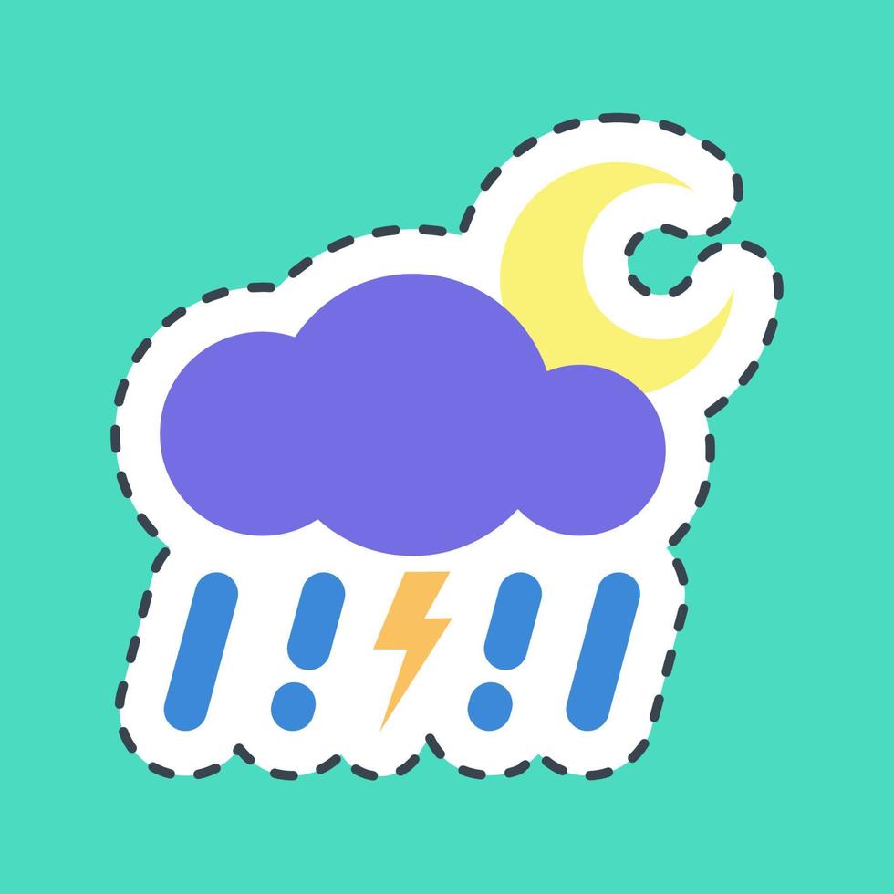 pegatina línea cortar trueno tormenta noche. clima elementos símbolo. bueno para huellas dactilares, web, teléfono inteligente aplicación, carteles, infografía, logo, firmar, etc. vector