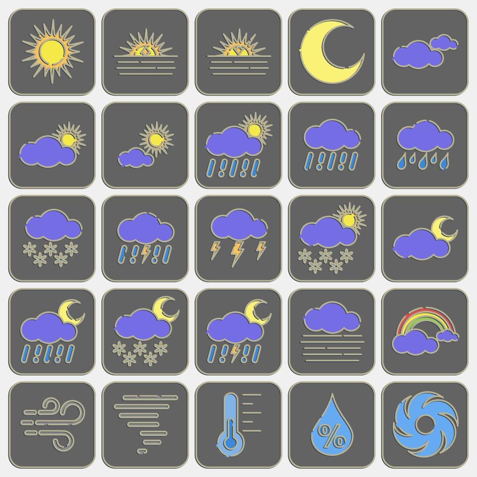 Icon set of weather. Weather elements symbol. Icons in embossed style. Good for prints, web, smartphone app, posters, infographics, logo, sign, etc. vector