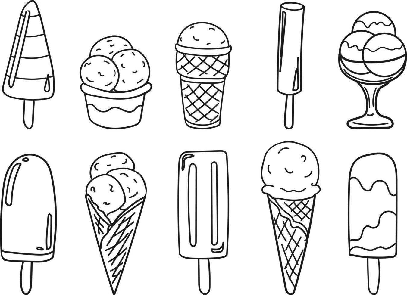 Black and white set of different kinds of ice cream. Ice cream on a stick, in a waffle cone and cup, fruit ice. vector