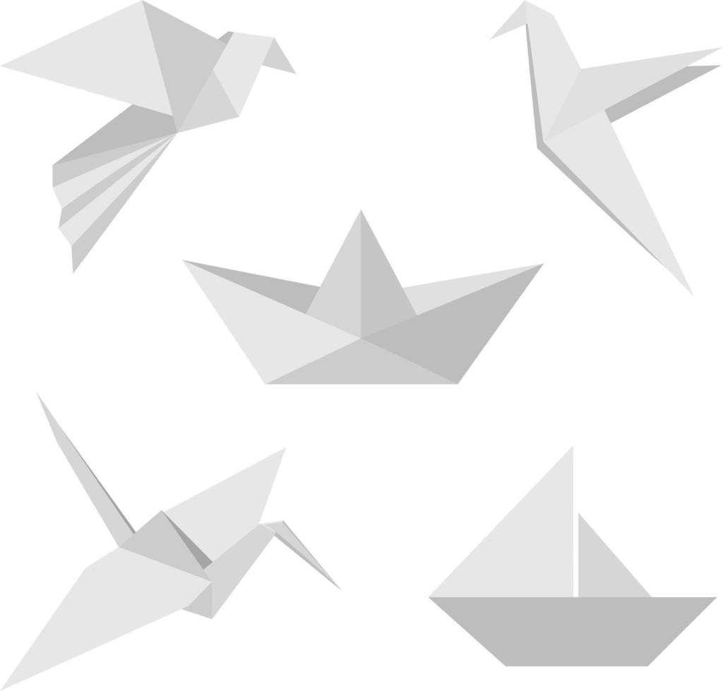 Set of figures made of white paper. A boat, a crane, a boat with a sail, a dove. Origami vector