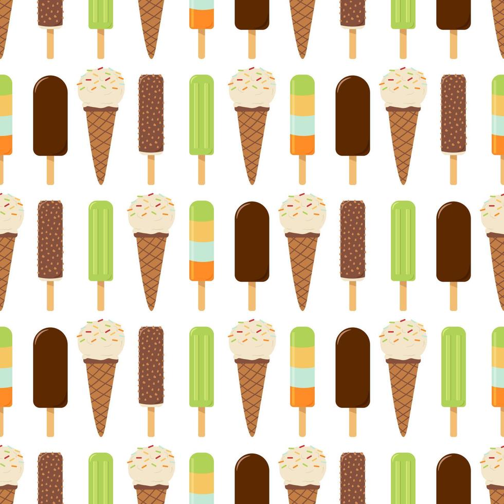 A set of different kinds of ice cream in a seamless pattern. Fruit ice, waffle cone and ice cream on a stick. Vector illustration.