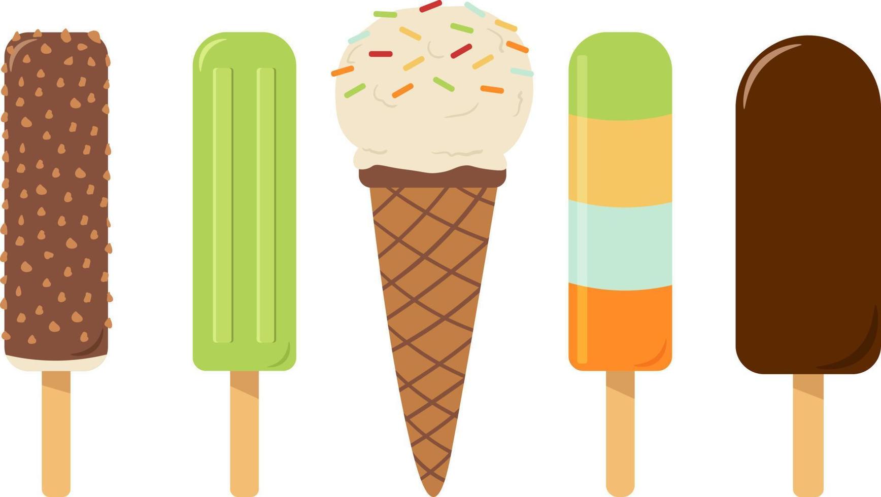 A set of different ice cream in a flat style. Fruit ice, waffle cone and ice cream on a stick vector