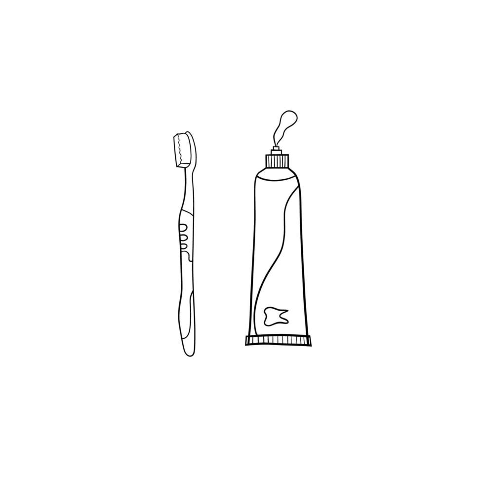 Vector illustration. Dentist's tools. Black outline on a white background. Toothpaste and toothbrush.