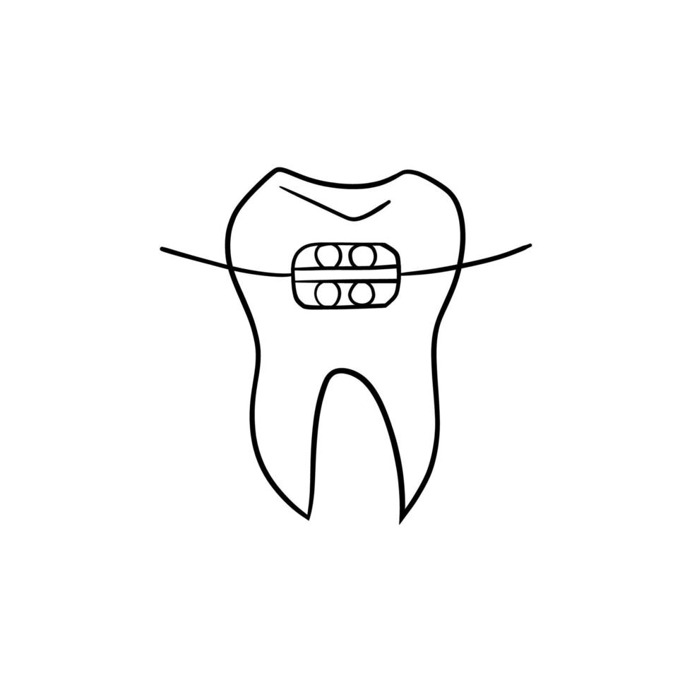 Vector illustration. Dentist's tools. Black outline on a white background. Tooth with bracket