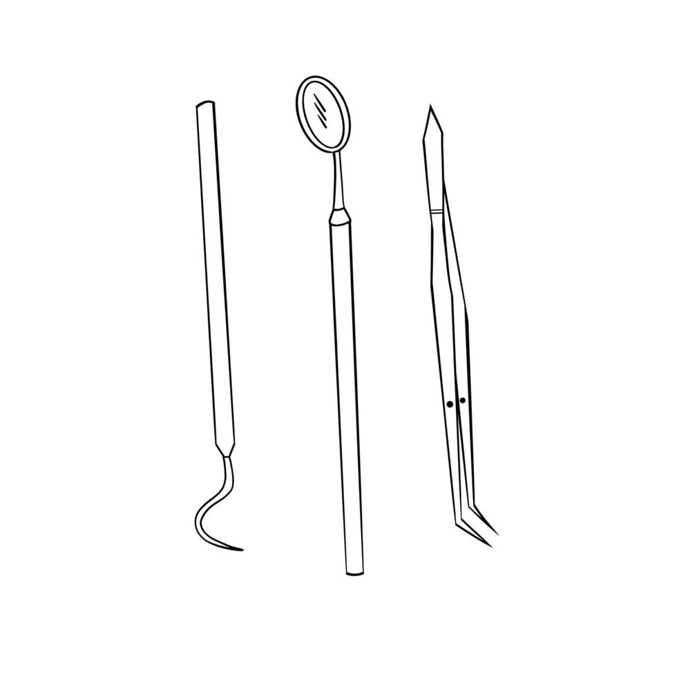 vector ilustración. del dentista herramientas. negro contorno en un blanco antecedentes. pasta dental y cepillo de dientes.