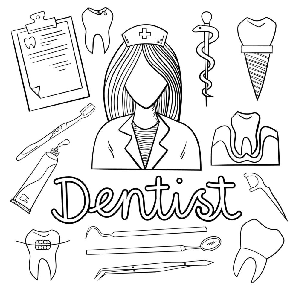 Vector illustration. Dentist tools set, toothbrush, implant, dental braces, paste, dentist tools outline icons - vector illustration