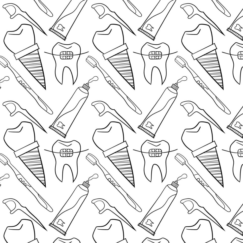 sin costura modelo con dental patrón, cepillo de dientes, implante, diente soporte, pegar, dentista herramientas contorno iconos- vector ilustración