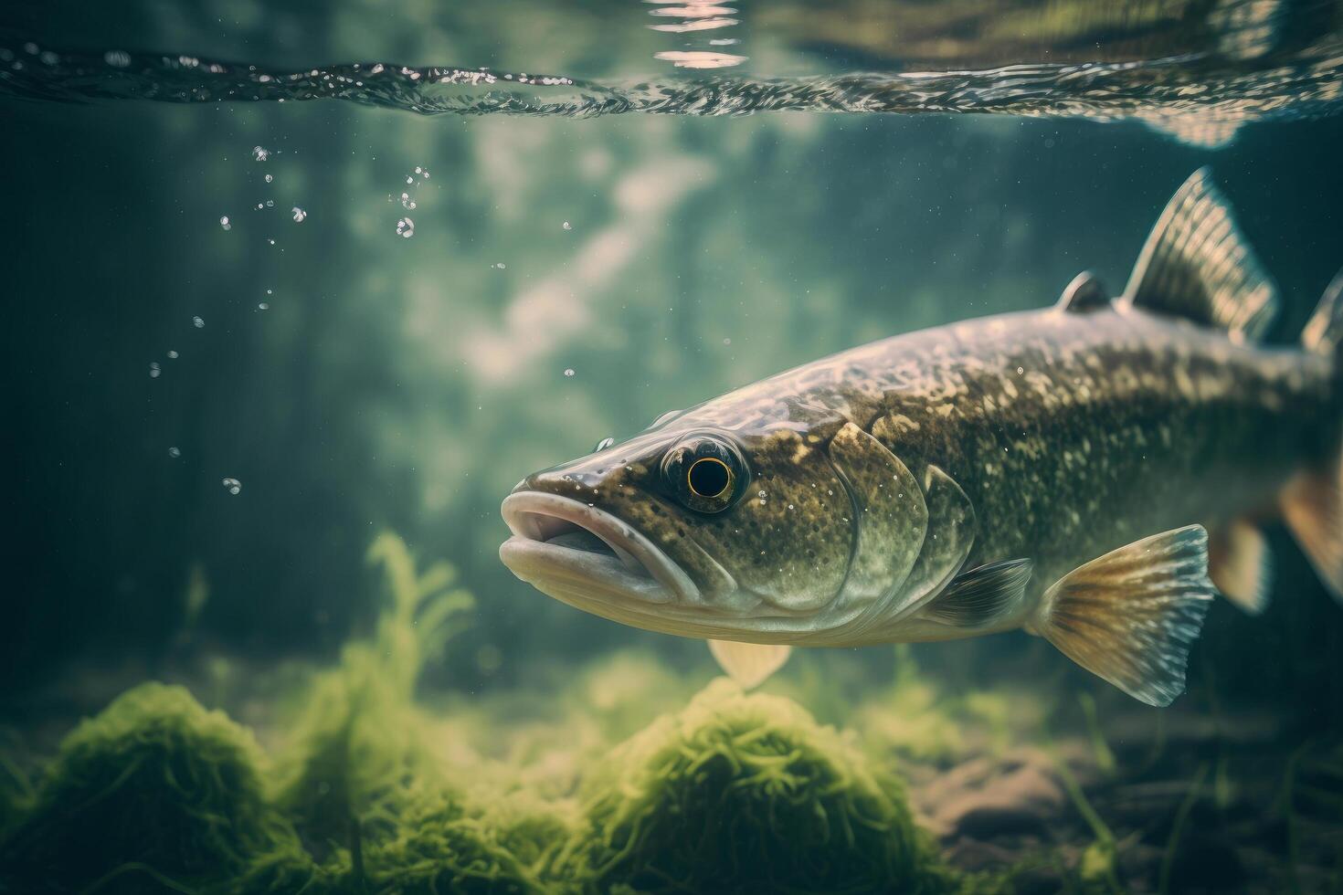 Fishing. Close-up shut of a zander fish under water. Illustration photo