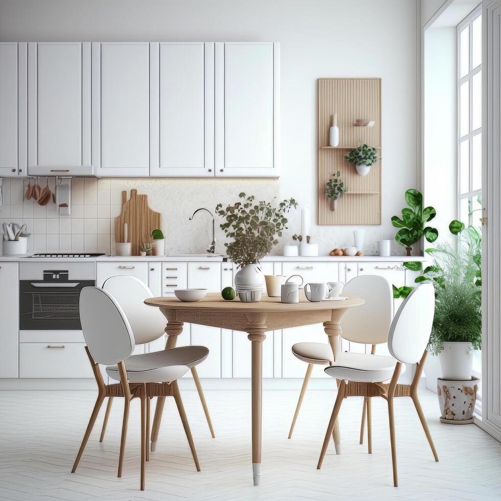 Scandinavian classic white kitchen with wooden details. Illustration photo