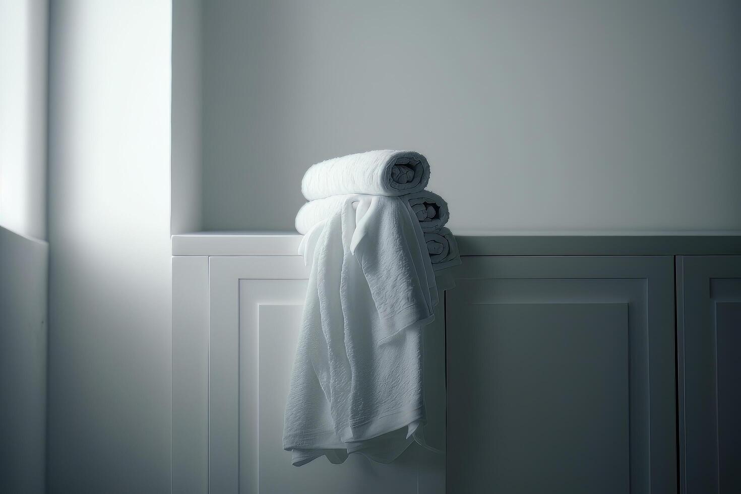 Laundry white towel in bathroom. Illustration photo