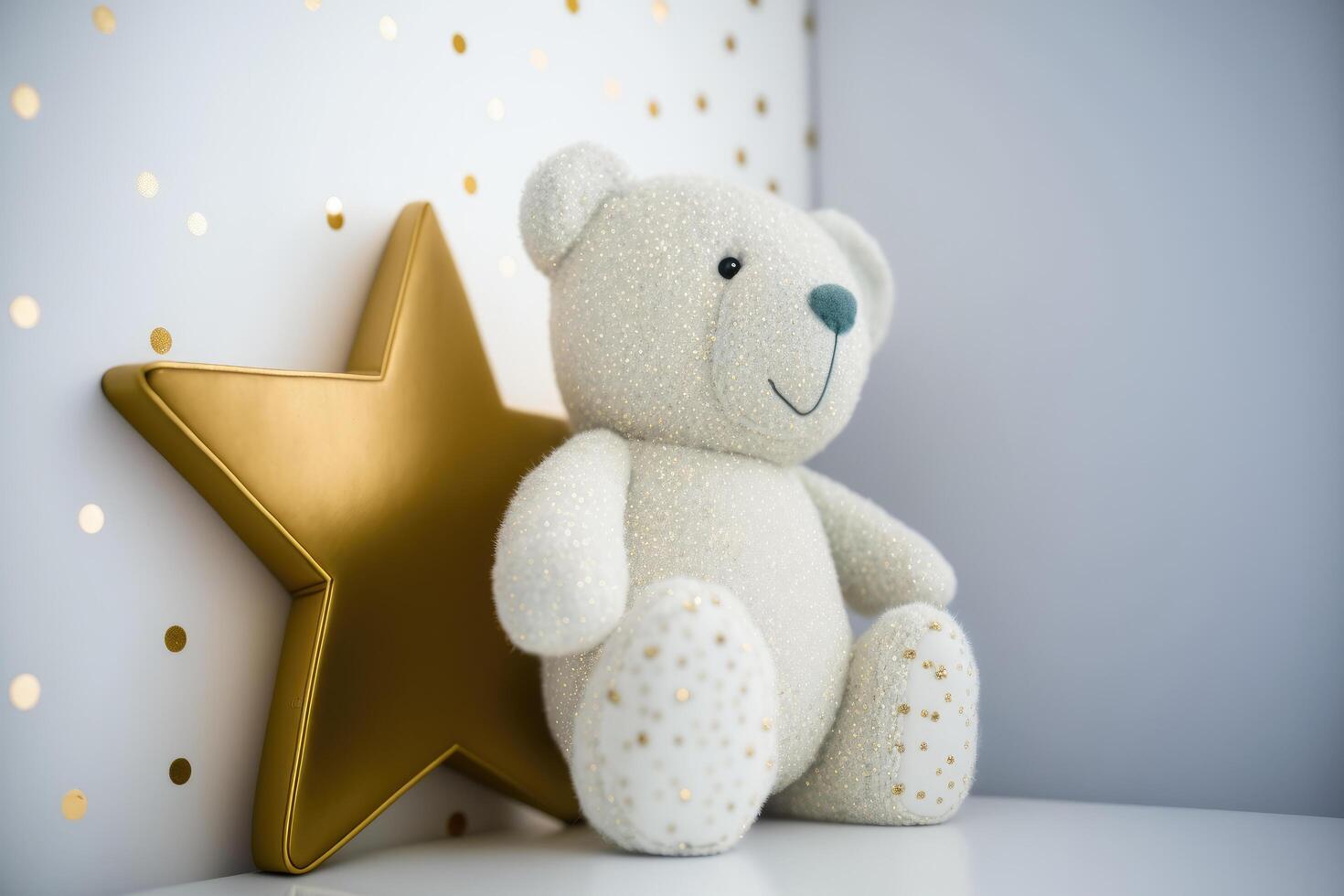 White wall with gold stars stickers and teddy bear in the interior. Illustration photo