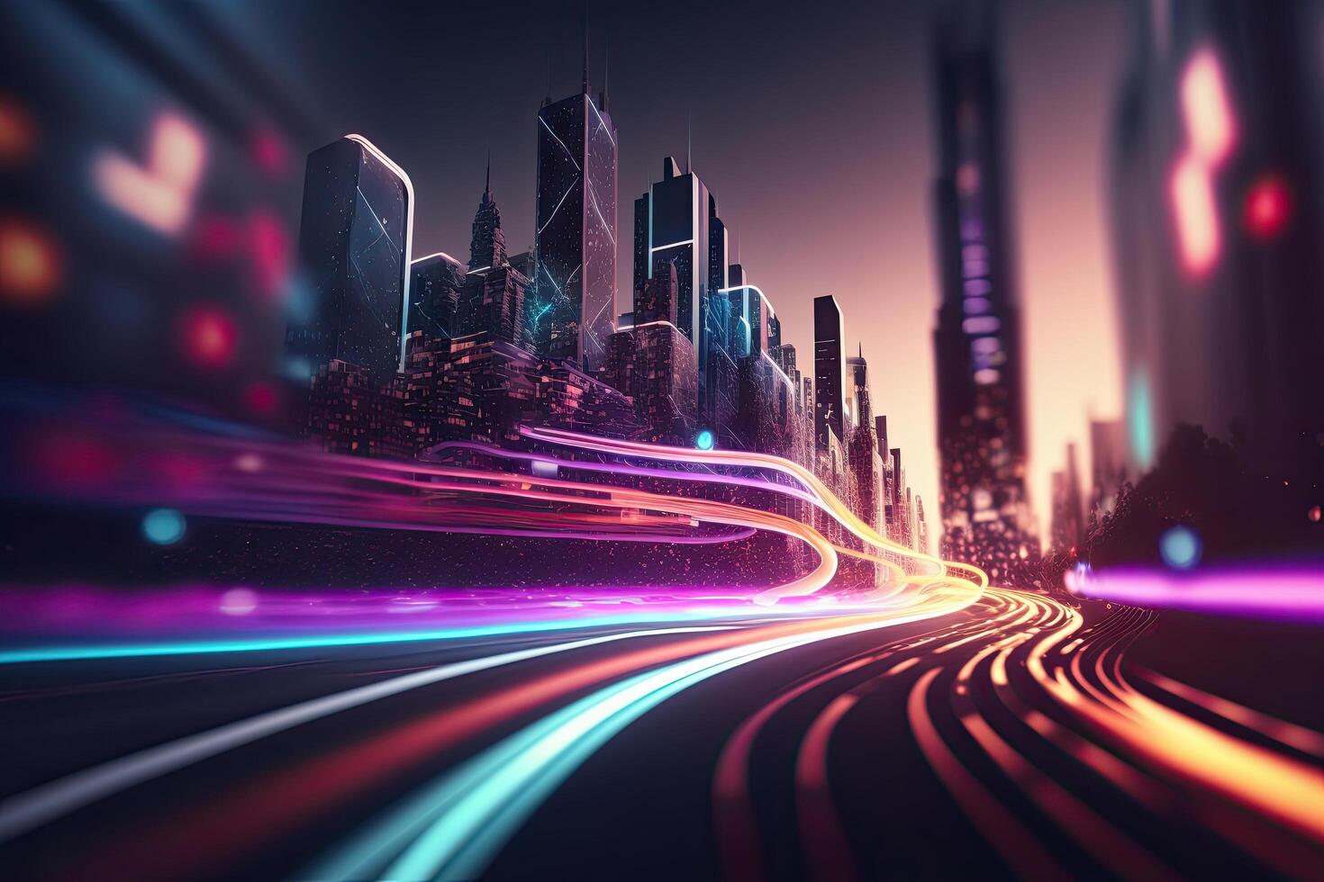 Abstract speed light flow through the city with gradient. Illustration photo
