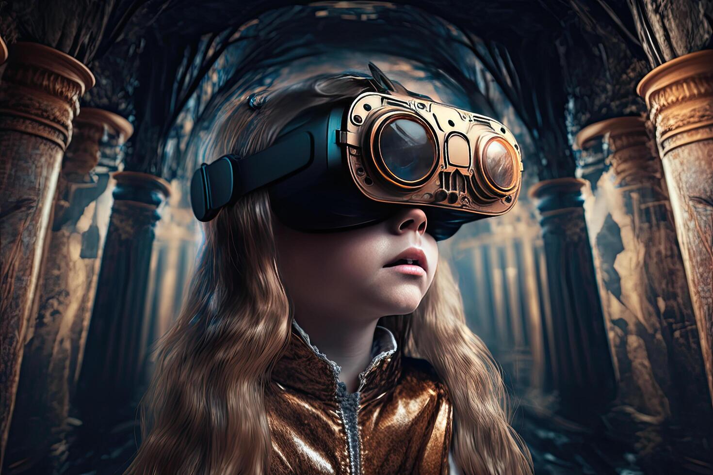 girl in virtual world in vr glasses full body. Illustration photo