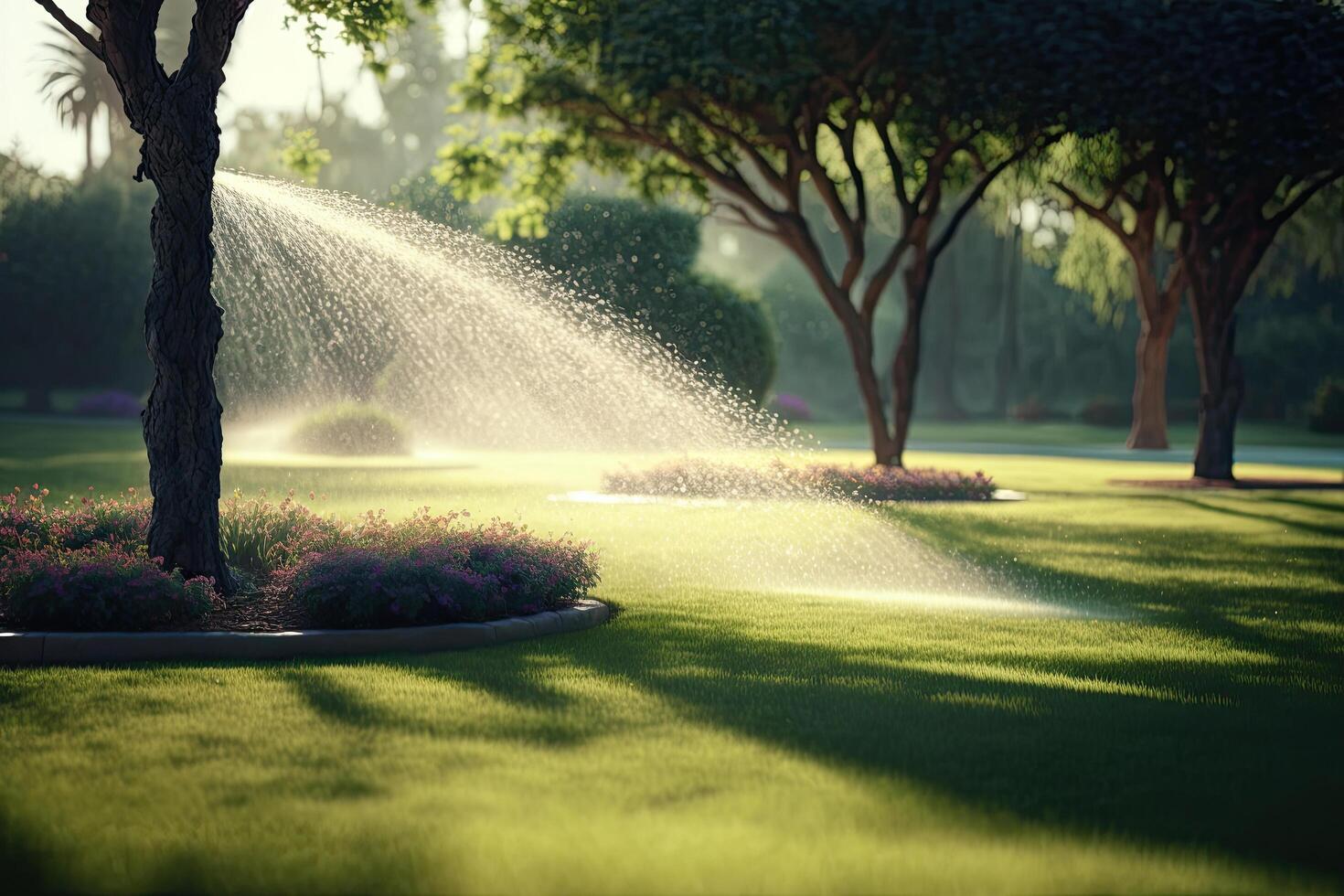 Sprinkler in Park Spraying Water on Lush Green Grass. Illustration photo