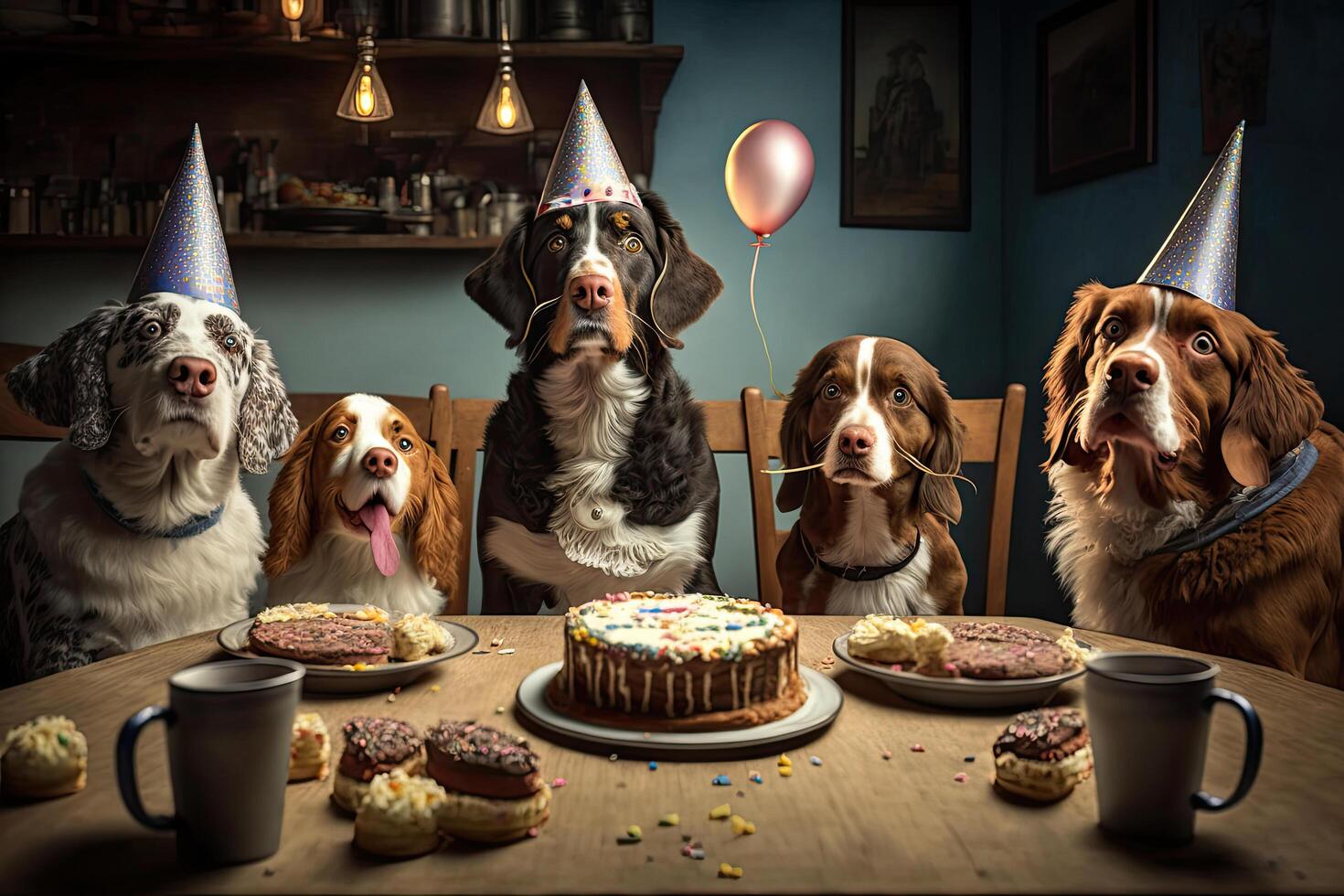 dogs in birthday caps sit at party. Illustration photo