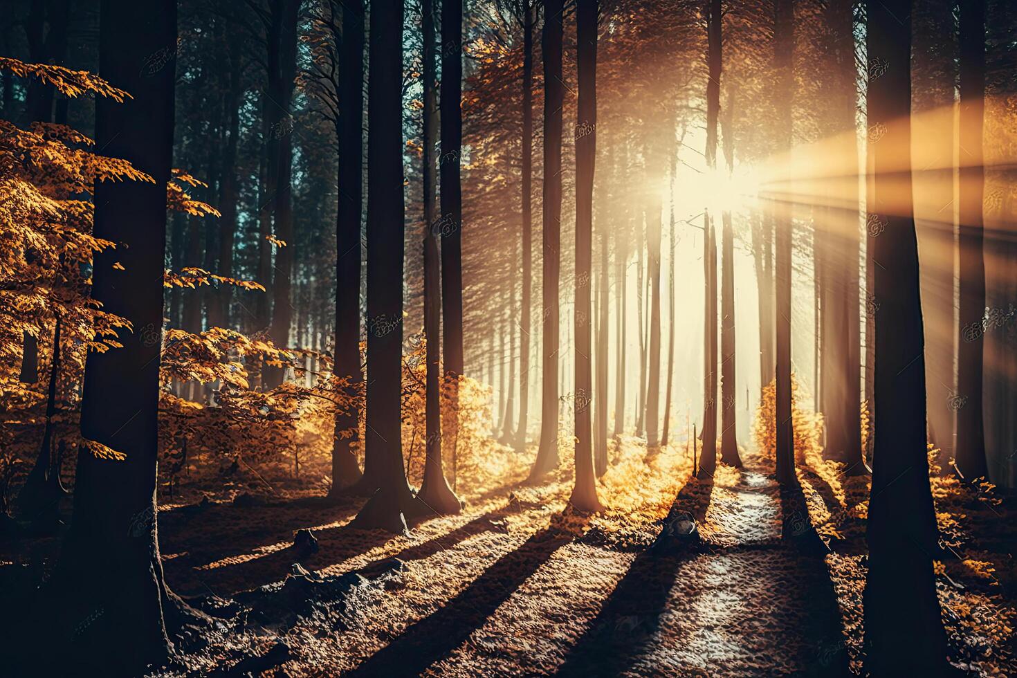Autumn forest nature. A bright morning in a colorful. Illustration photo